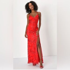 Lulus Blissful Blossoms Red Sequin Backless Maxi Dress - Size XL
